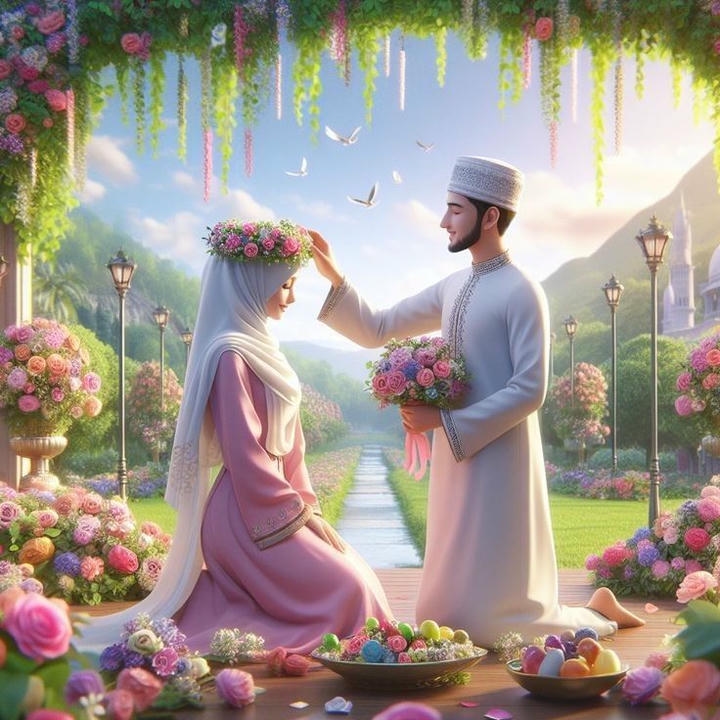 Sweet Muslim Couple Cartoon Wallpaper